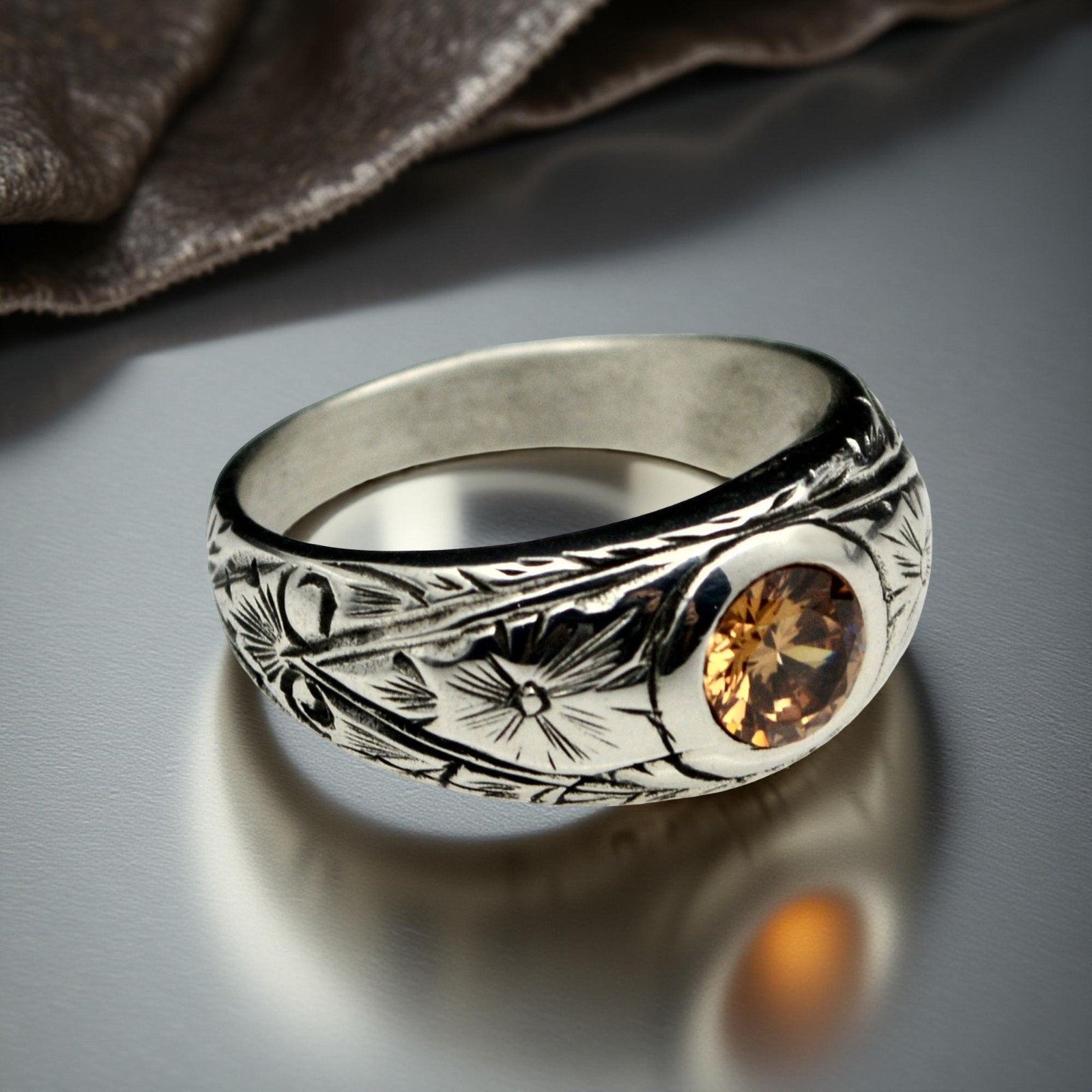 925 Sterling Silver Citrine Men Ring Handmade Vintage Signet Band