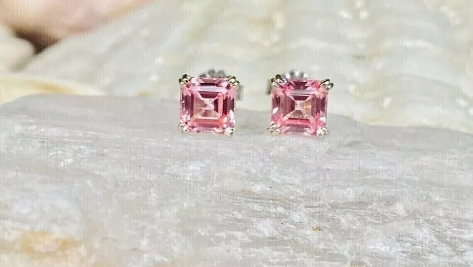 Pink Diamond 1.50Ct Asscher Cut Lab Created Stud Earrings 14K White Gold Plated