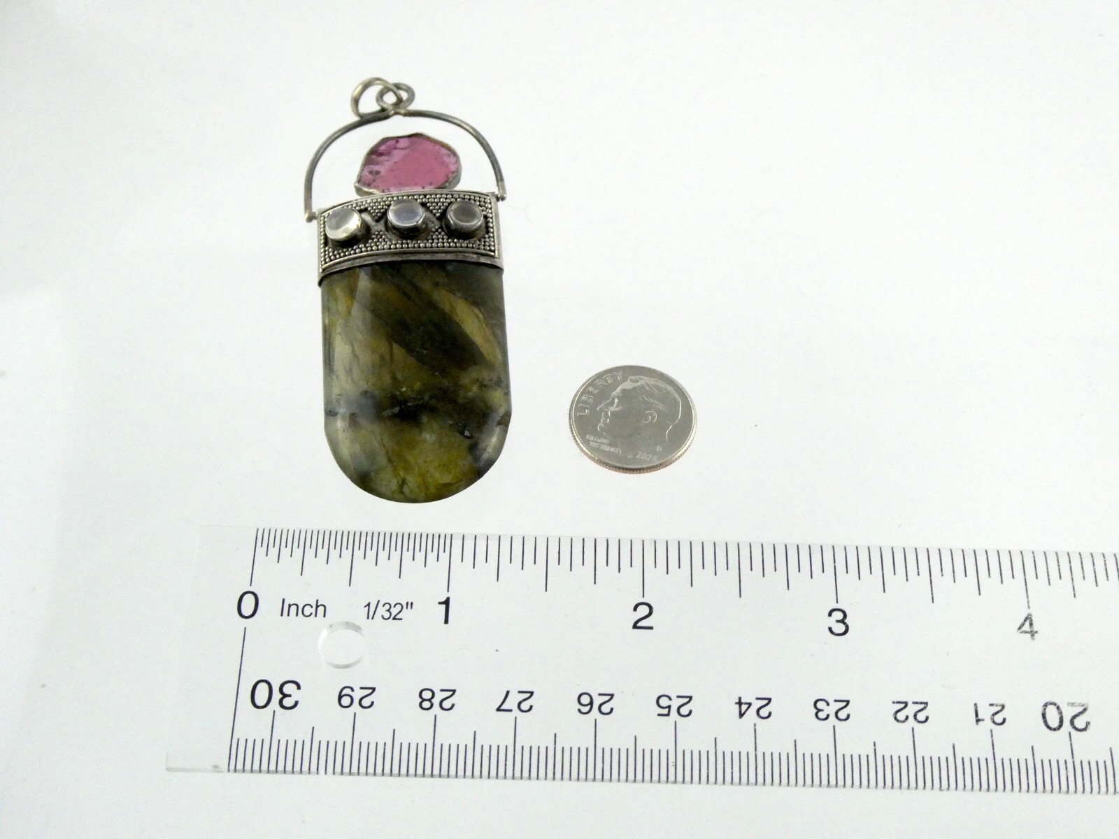 Sterling Silver Pink Tourmaline Slice Labradorite Moonstone Pendant 925 24.2g