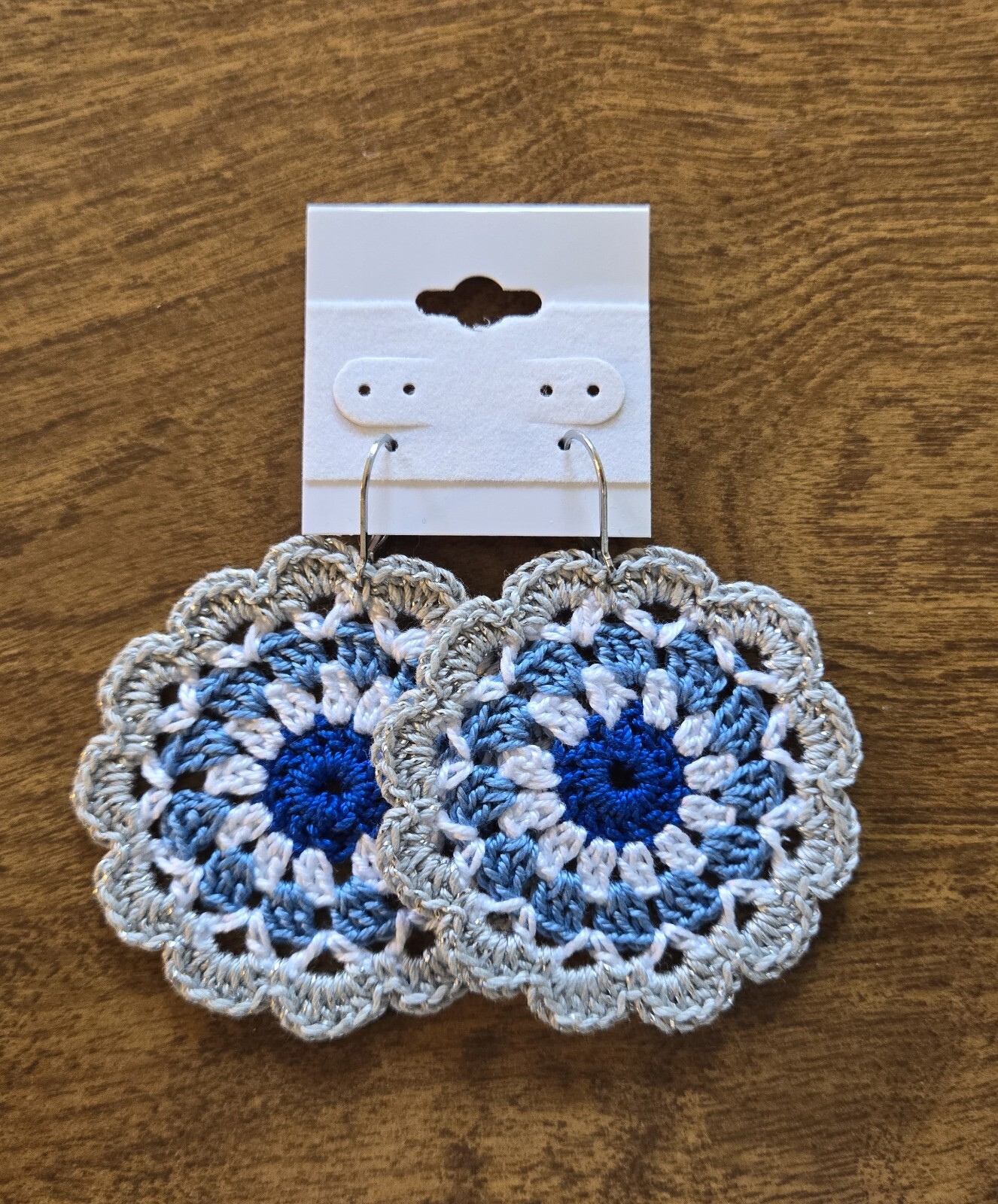 2″ Dallas Cowboys Inspired Crochet Earrings Blue White Silver Hand Made by Eve