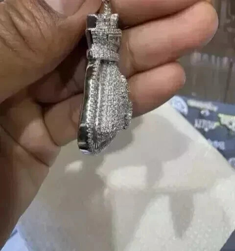 2.40Ct Round Cut Real Moissanite Custom Money Bag Pendant 14K White Gold Plated