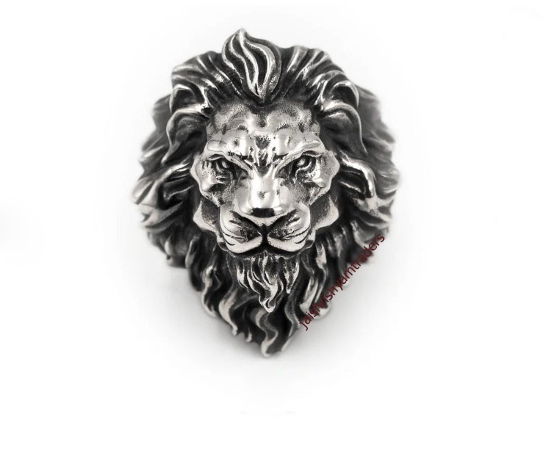 Men’s Lion Head Ring Oxidized 925 Sterling Silver Bold Statement Biker Jewelry