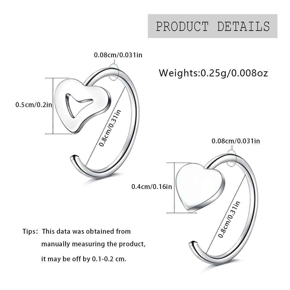 💖✨ C-Shaped Hollow Heart Nose Ring Set Stainless Steel – 2/5pcs – NEW