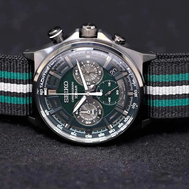 SSB411P1 Seiko Chronograph Discover More Green Dial Multi Color Nylon Strap