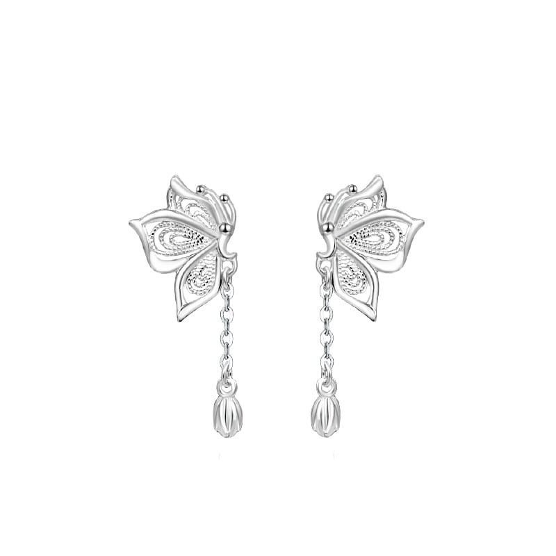 999 Sterling Silver Butterfly Tassel Earrings Women Sweet Drop Dangle Jewelry