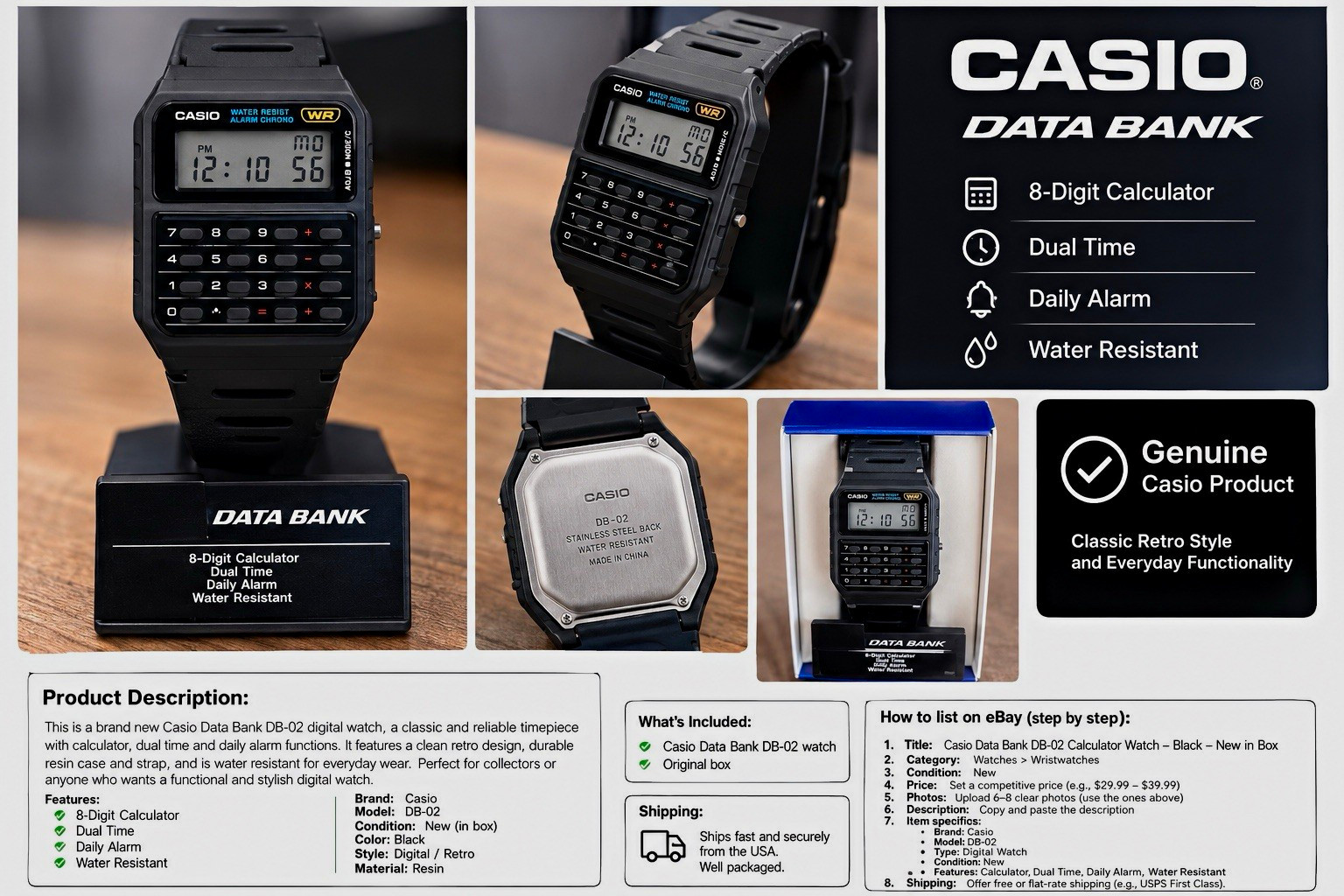 Casio Data Bank DB-02 Digital Calculator Watch Dual Time Alarm WR Black Resin