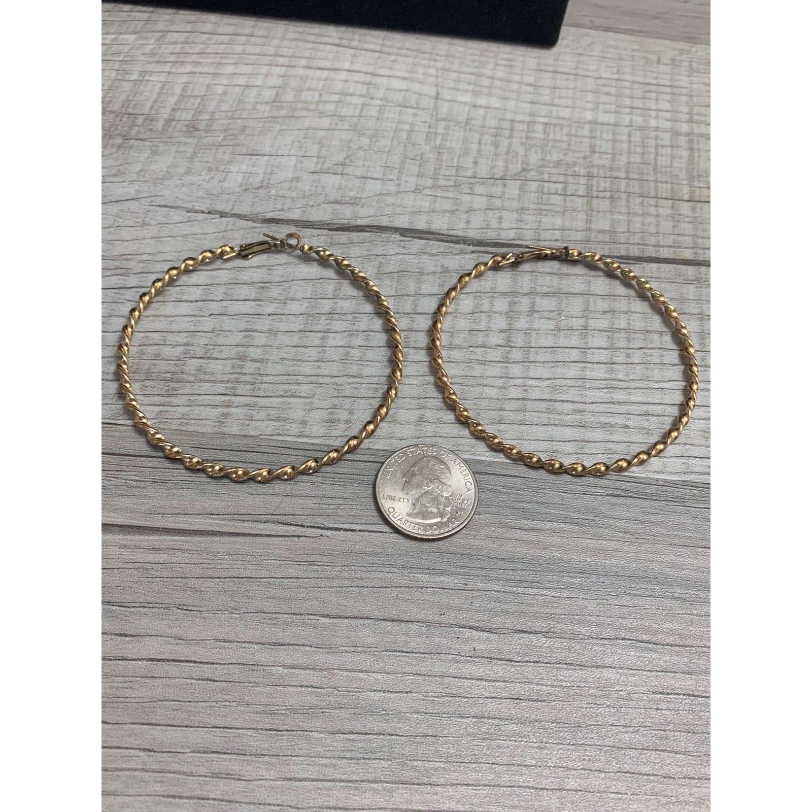 Gold Tone Twisted Rope Large Hoop Earrings Textured Spiral Latch Back 2.25″