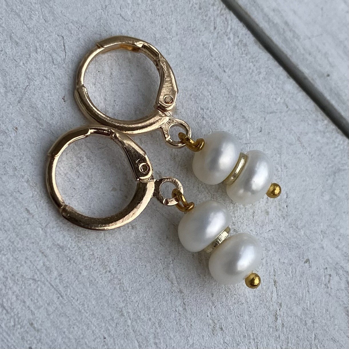 Min Favorit Genuine White Button Pearls & Gold Pl Artisan Drop Earrings