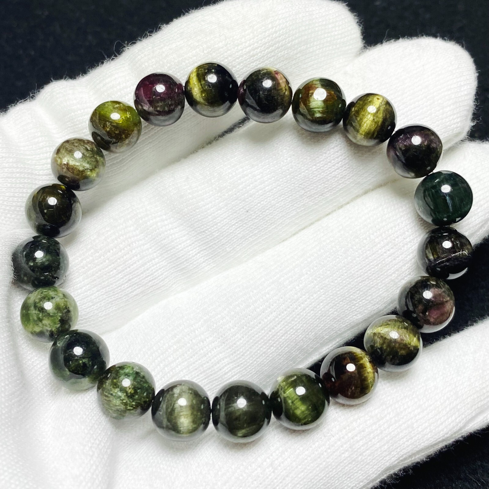 9.2mm Natural Color Tourmaline Cat’s Eye Quartz Crystal Beads Bracelet C1487