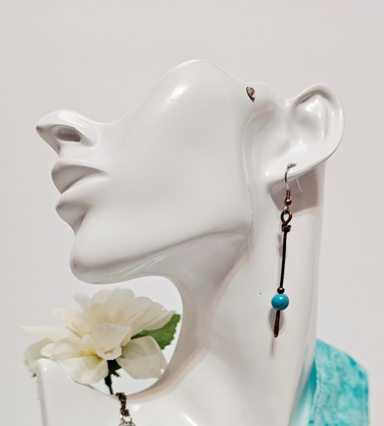 Handmade Copper Stick Dangle Earrings Blue Magnesite Beaded Boho Drop