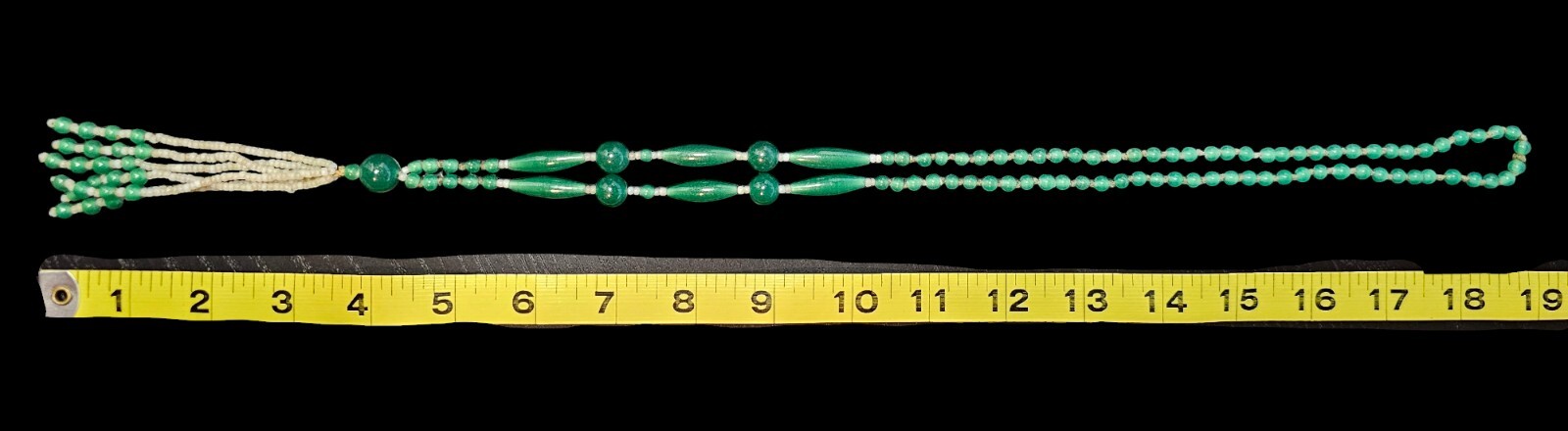 Antique 1920-30s Art Deco Sautoir Green White Uranium Glass Bead Tassel Necklace