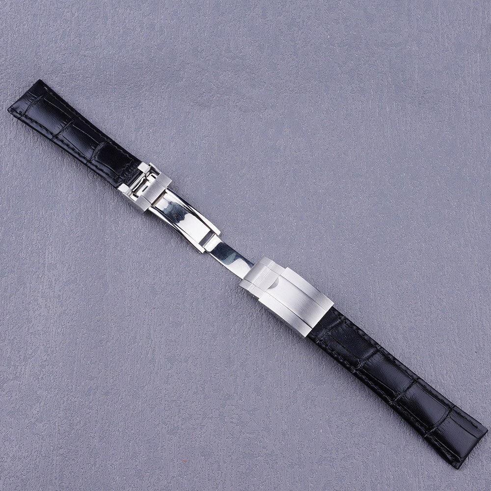 20mm Black Leather Strap Silver Brush OYSTER Clasp WatchBand For GMT Tudor Seiko