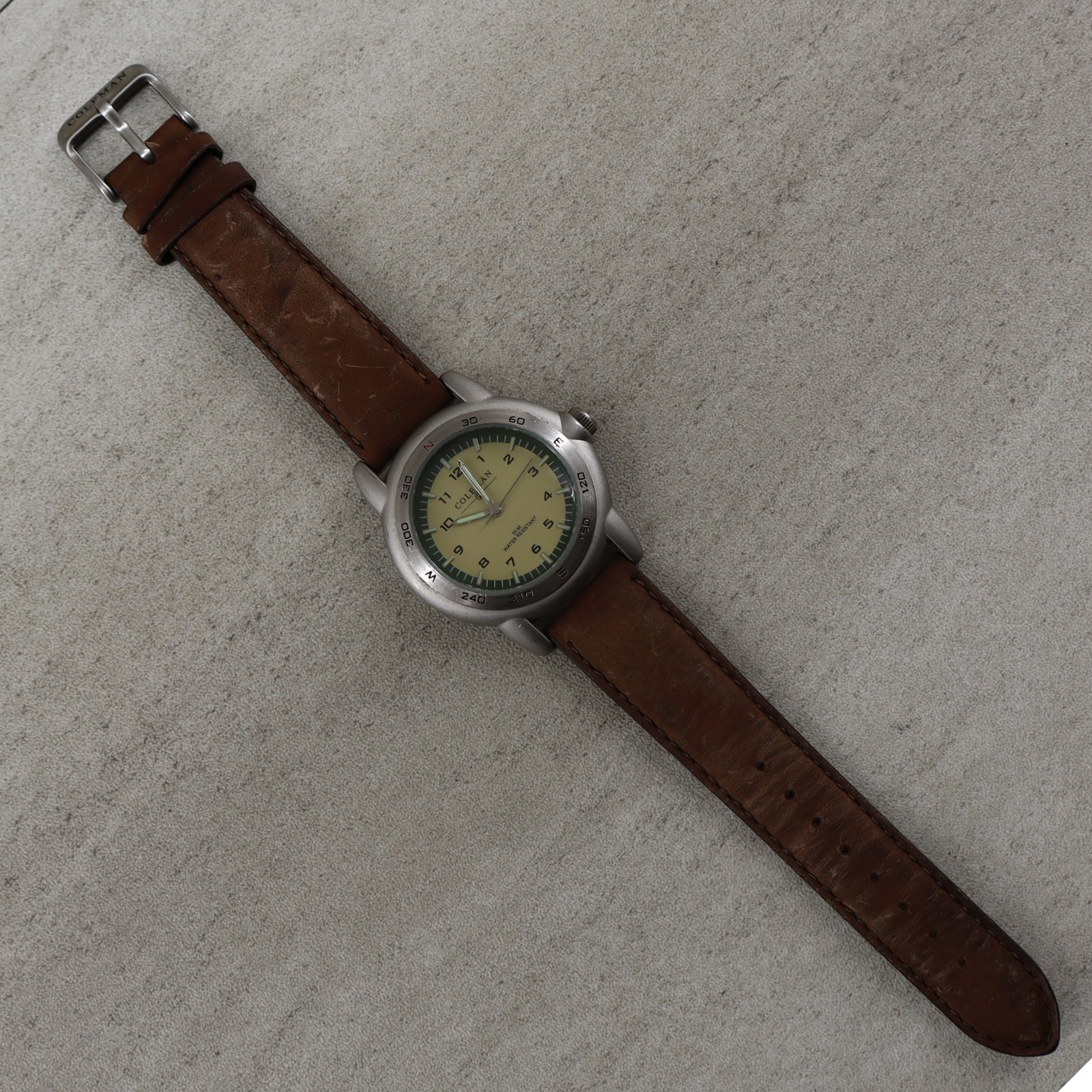 Coleman Watch 40-279 Compass Bezel Leather Band Beige Dial 30M New Battery