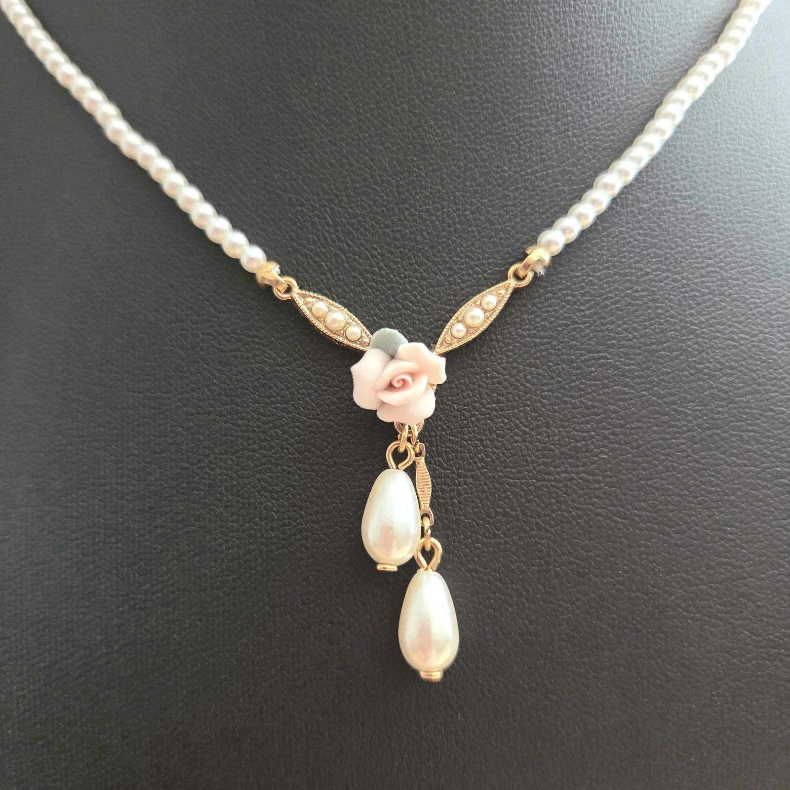 Vintage 1928 Rose Faux Pearl Necklace Earrings