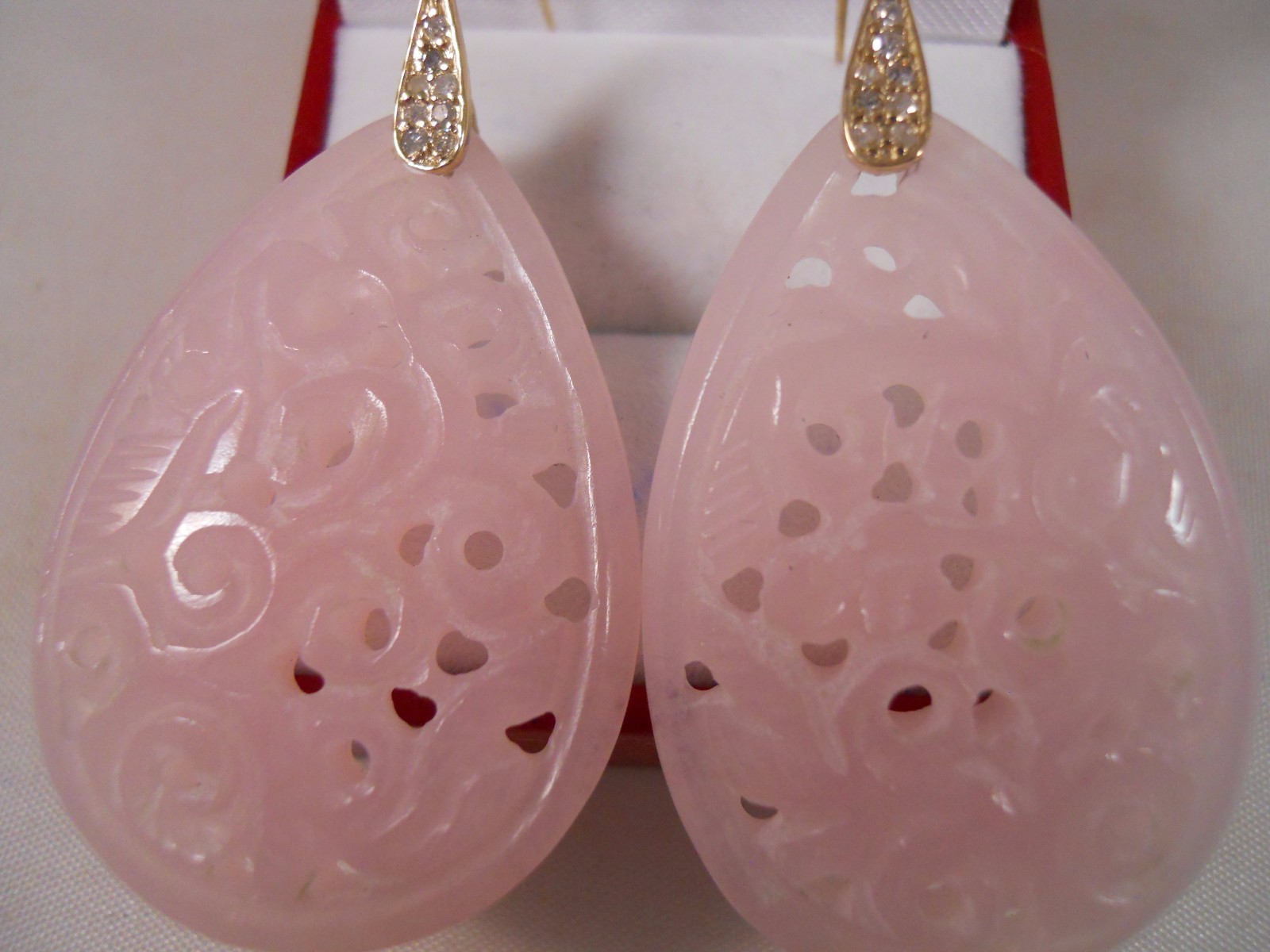 HEAVY 15.67G 10K YELLOW GOLD 66.10CT PINK QUARTZ DIAMOND CARVED FLOWER EARRINGS