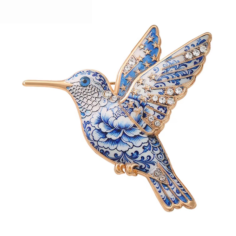 Blue Hummingbird Flower Brooch Gold Tone Rhinestone Bird Pin Floral Jewelry Gift