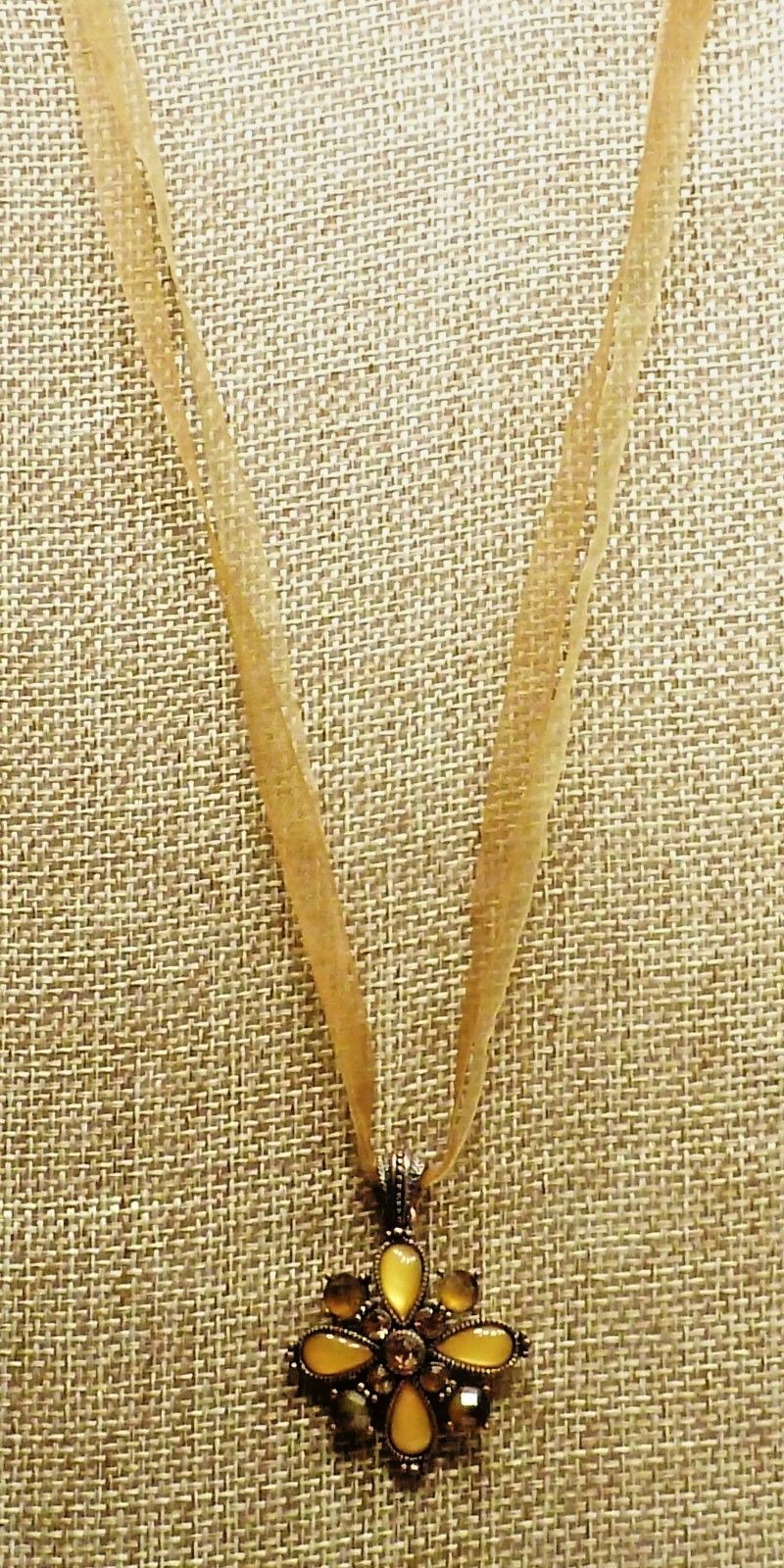 A23) 2028 Jewelry Brown Crystal & Topaz Fiber Optic Stones Pendant on Satin Cord