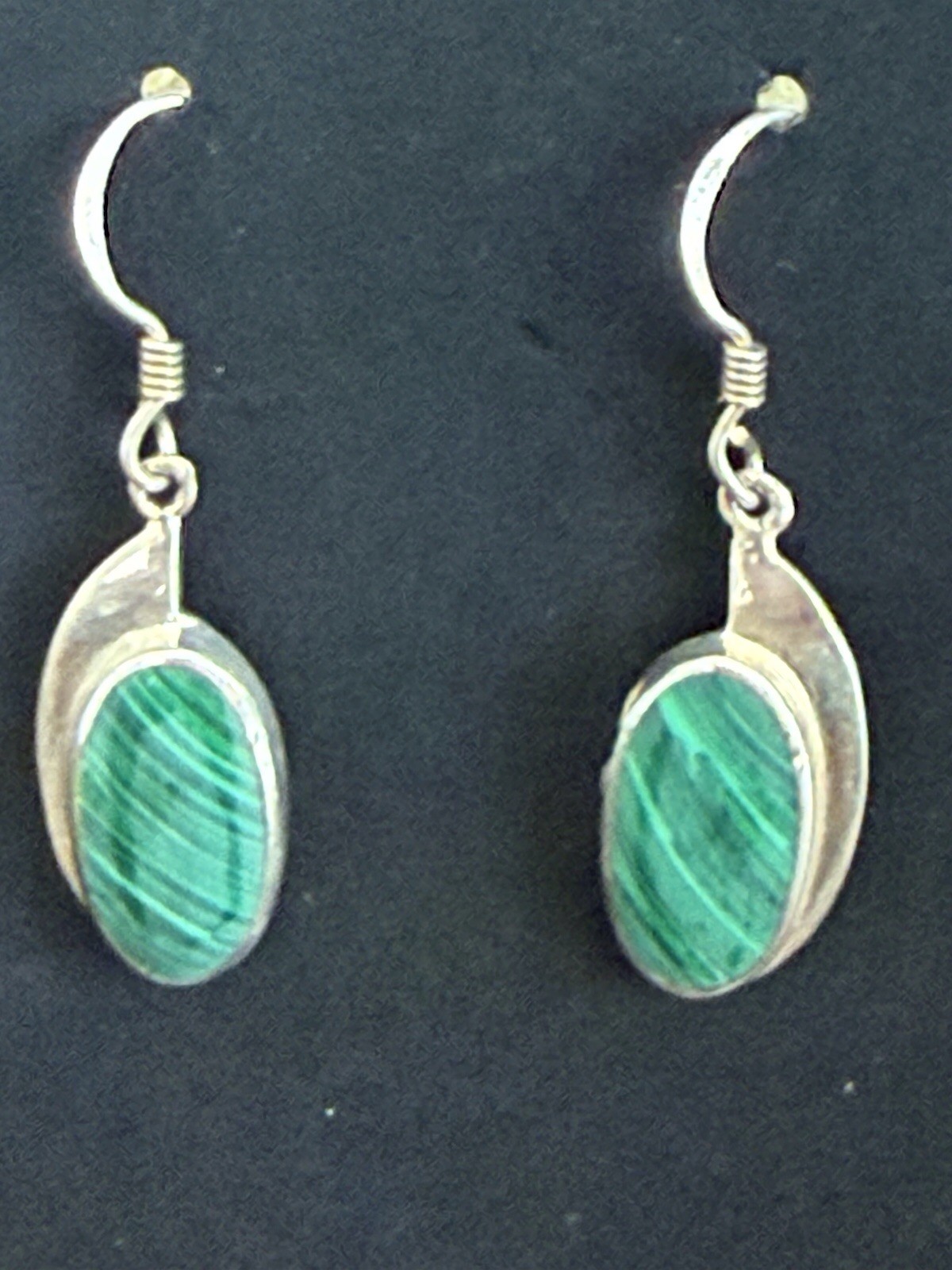 925 Sterling Silver Malachite Oval Bezel Dangle Hook Earrings Signed 1.5″
