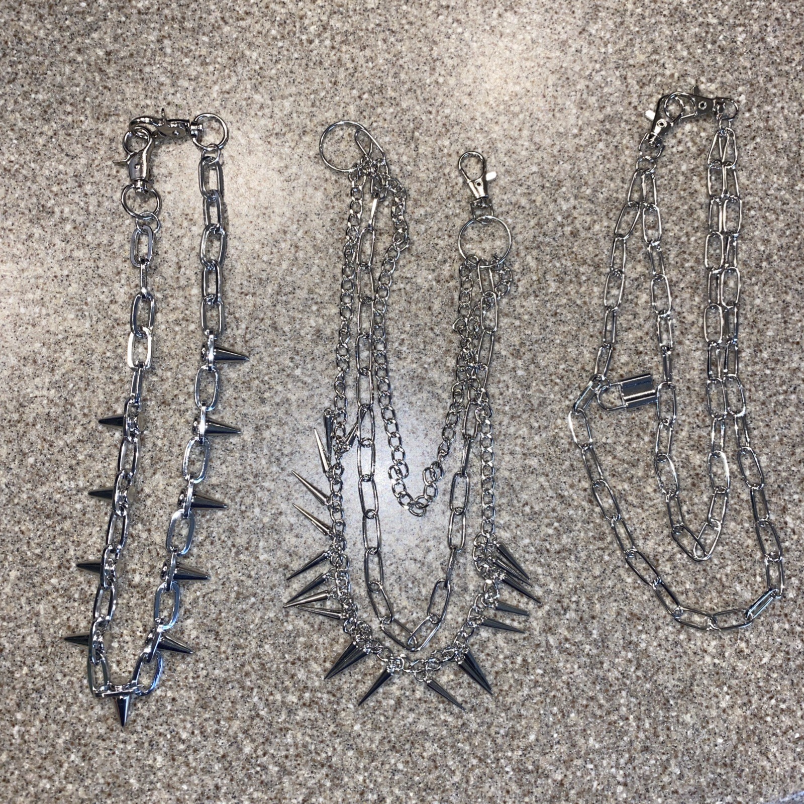 3 Silver Tone Punk Spike Link Chain Necklaces, Metal Link Chain, Lobster Clasp