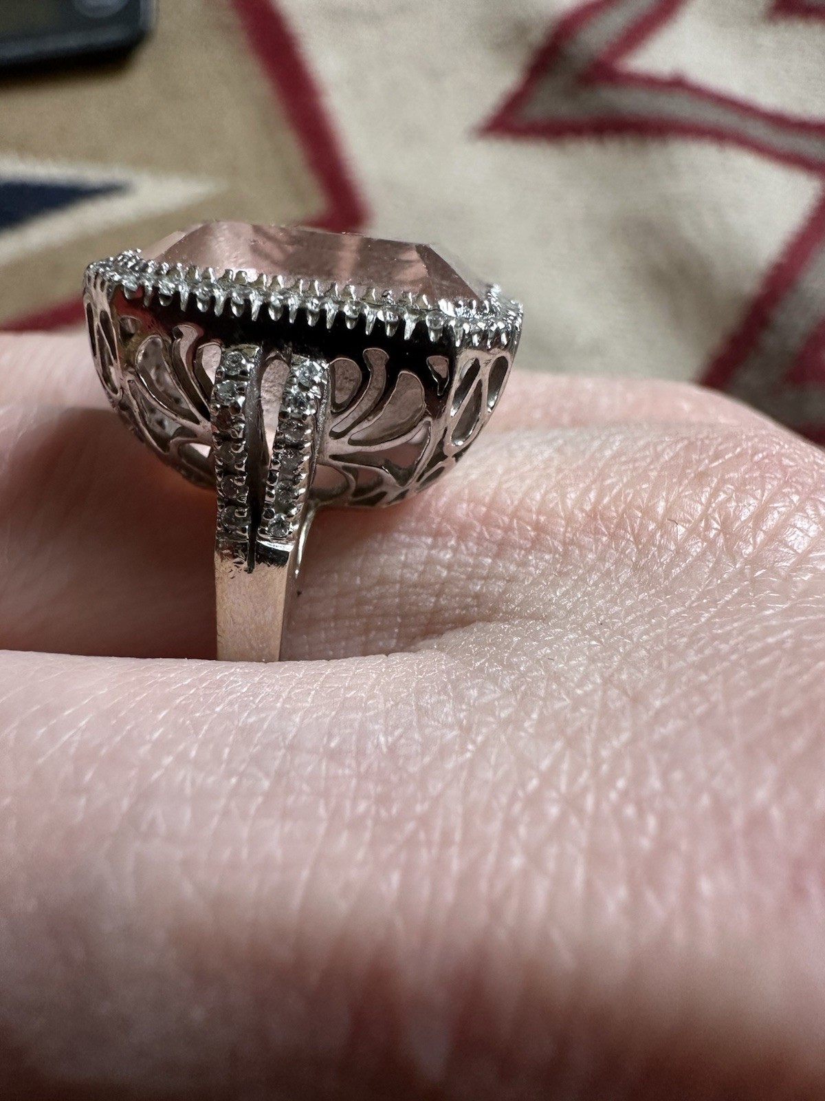 Vintage Estate 18k White Gold Pink Topaz And Diamond Cocktail Ring 4.5