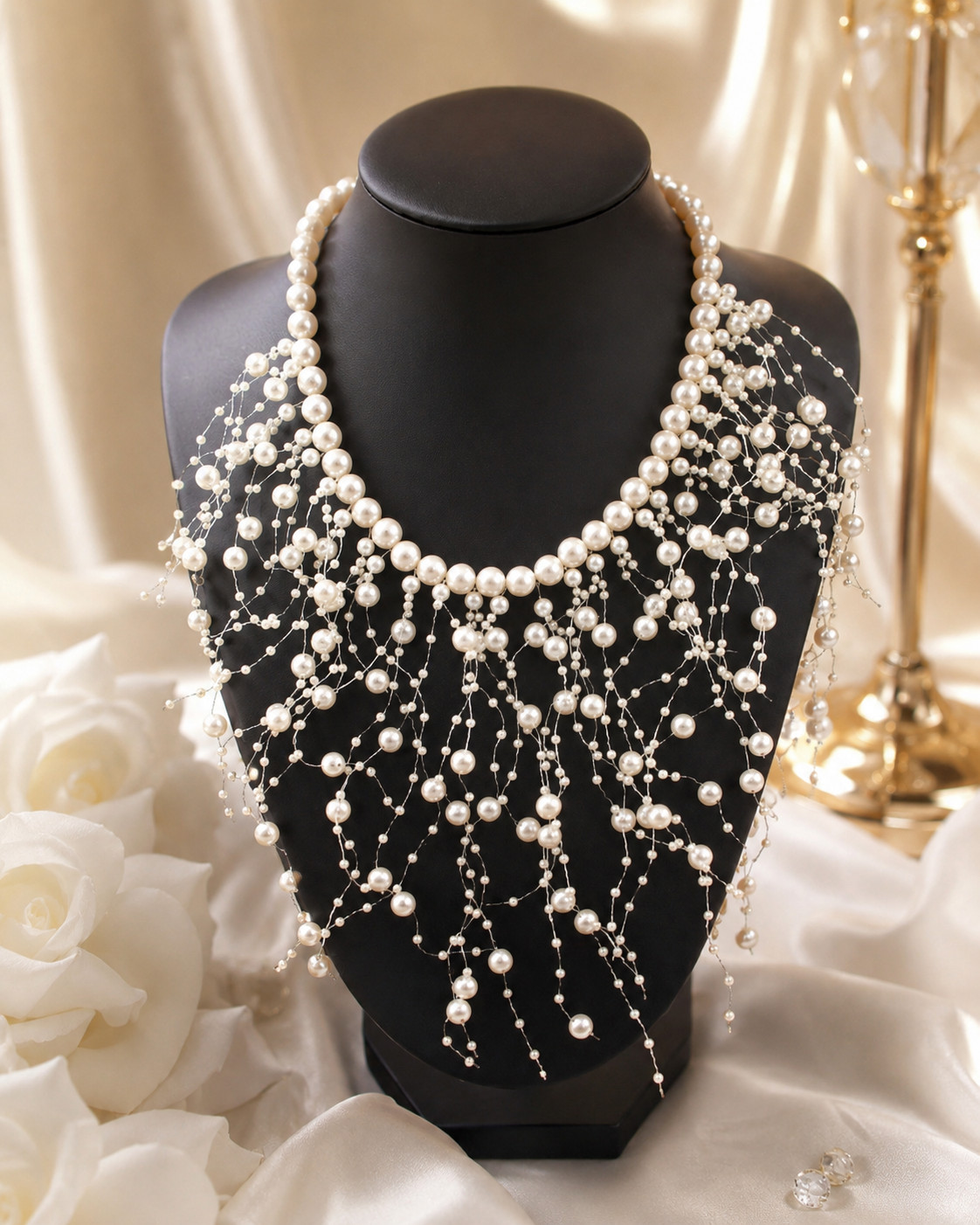 Luxury Pearl Bridal Choker Necklace Wedding Statement Bib Crystal Tassel Necklac