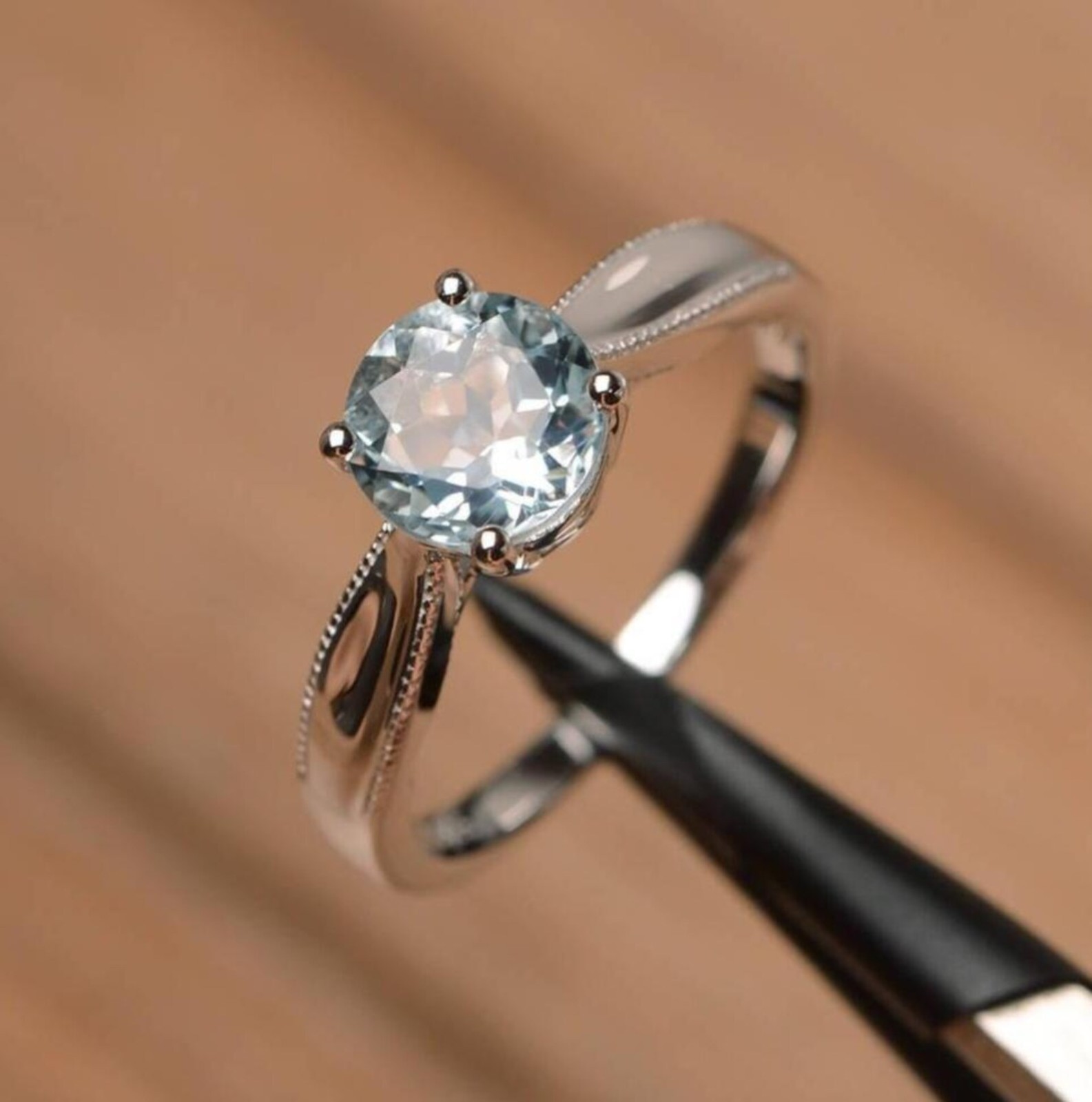 Aquamarine Ring 925 Sterling Silver Round Cut Solitaire March Birthstone Gift