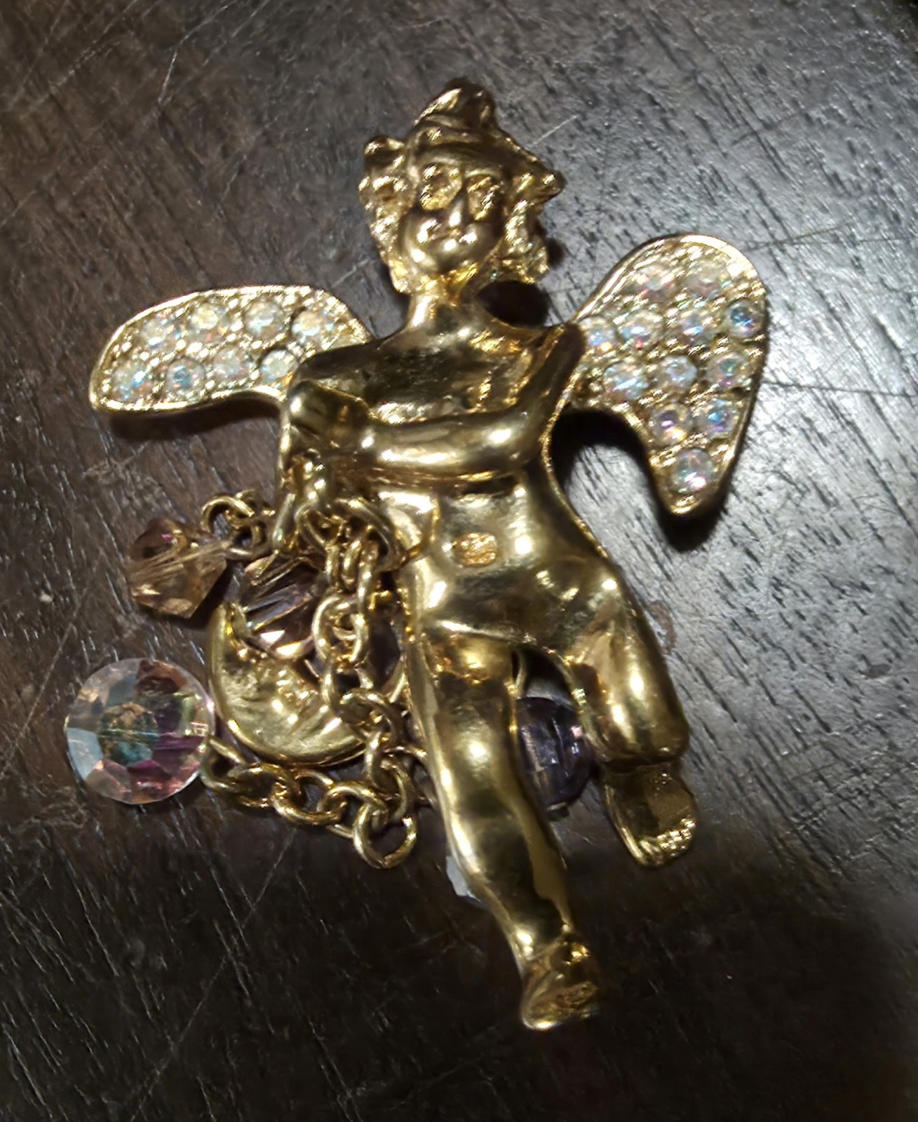Vintage Kirks Folly Celestial Cherub Angel Brooch Pendant Moon Crystal Dangles