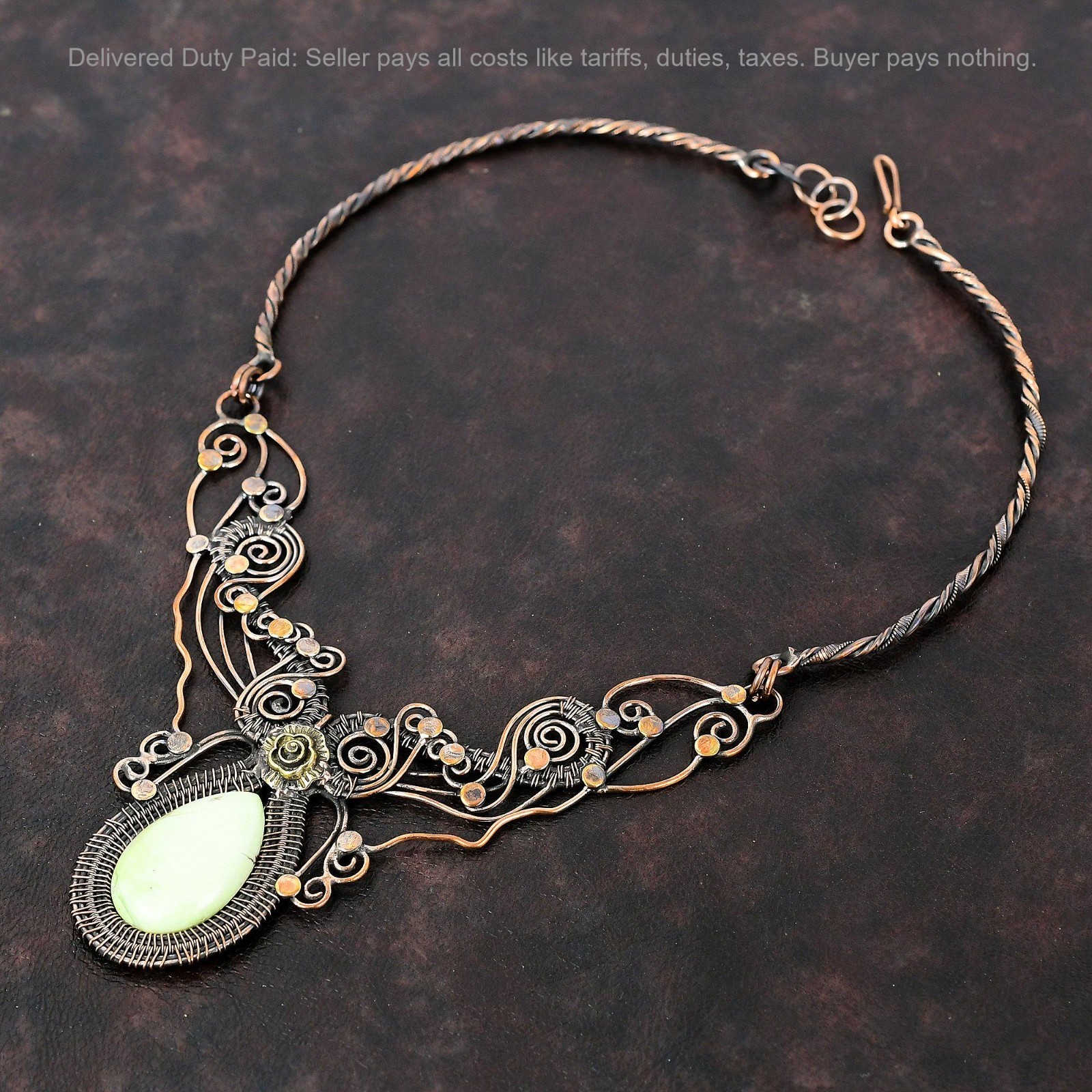 Copper Lemon Chrysoprase Gemstone Chain Wire Wrapped Flower New Necklace Jewelry