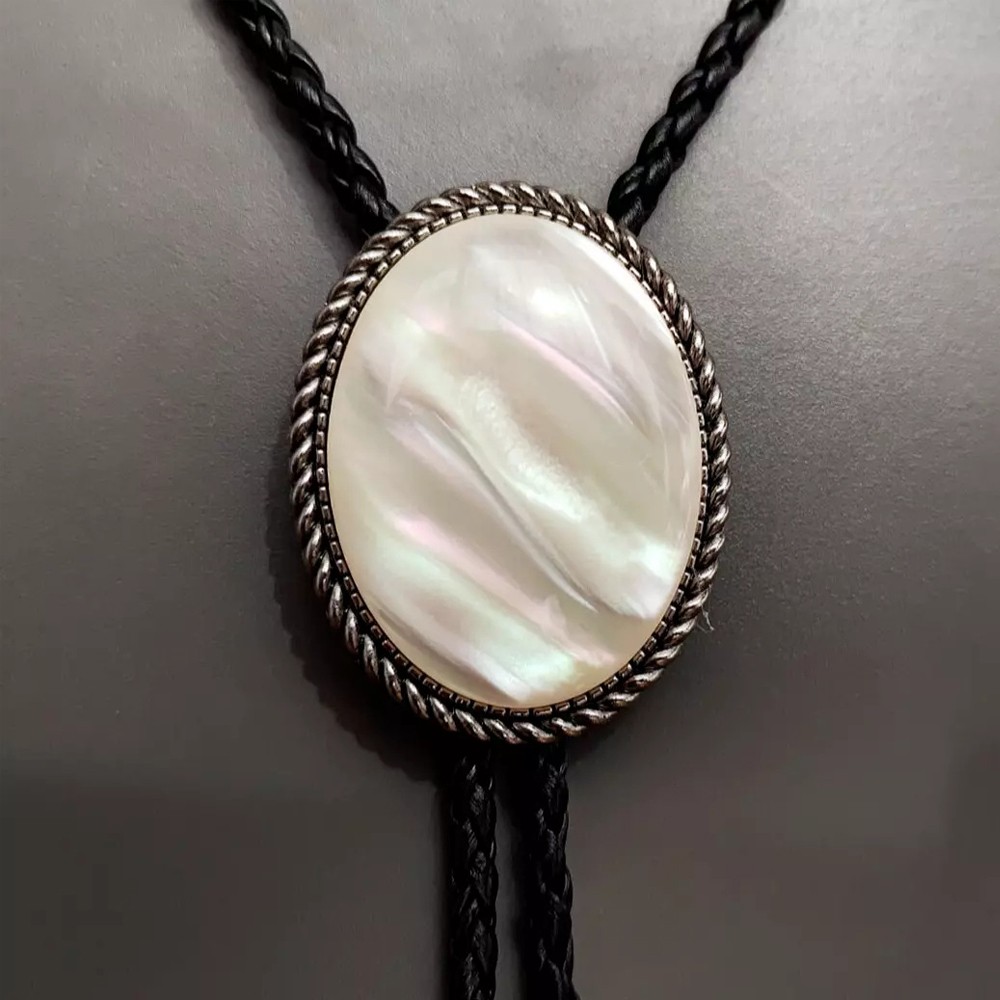 Mother of Pearl Mens Bola Bolo Tie Wedding Necklace Western Cowboy PU Leather