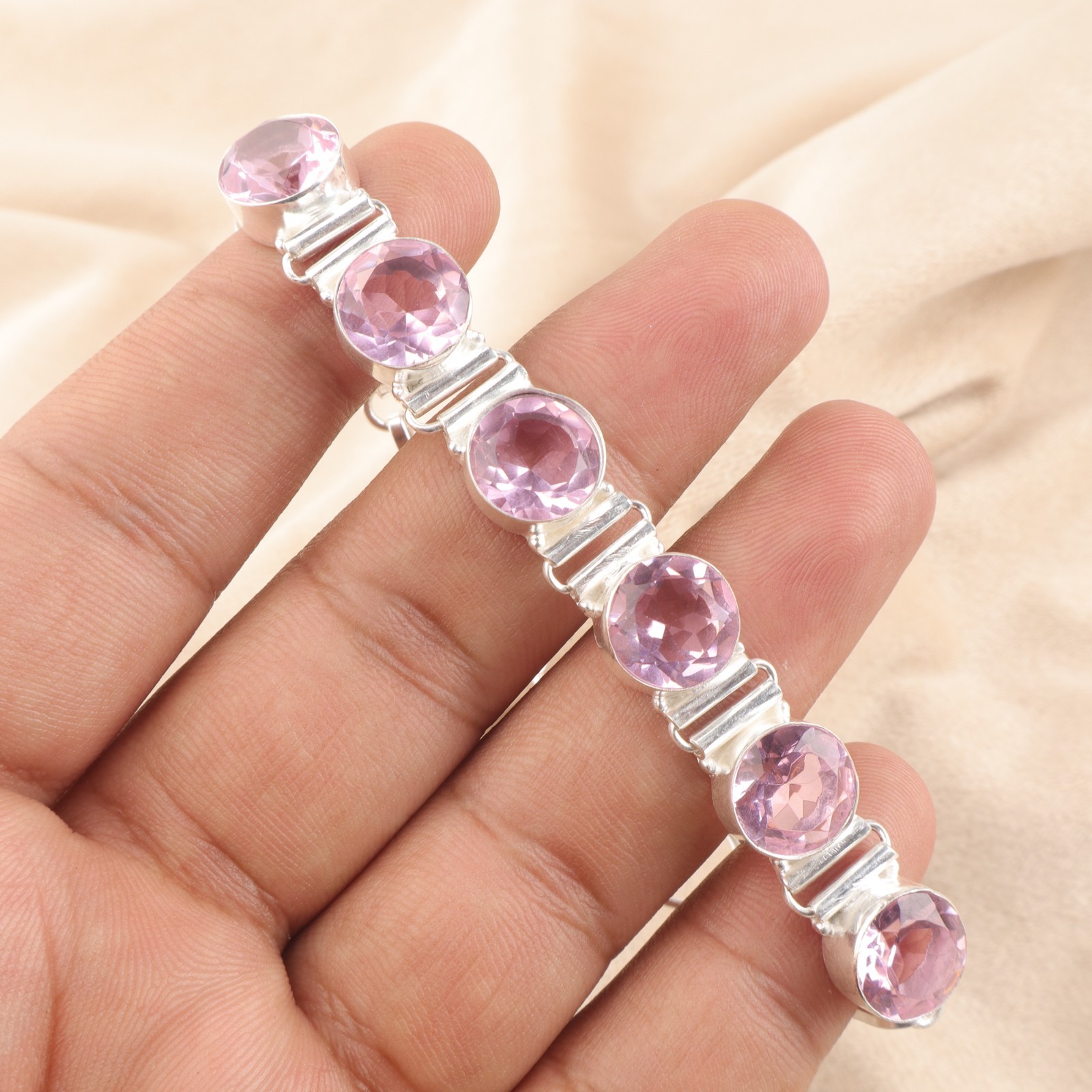 Lovely Pink Kunzite Gemstone 925 Sterling Silver Handmade Jewelry Bracelet 8″