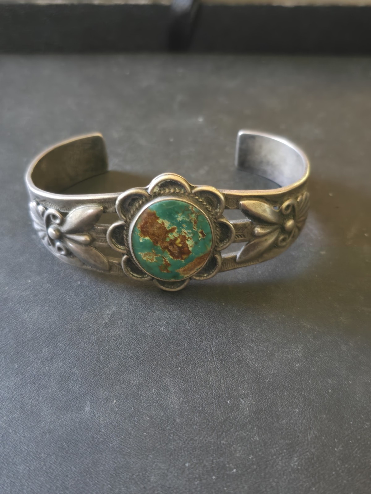Early 1930’s-1940’s Fred Harvey Era Bracelet with Large Stunning Green Turquoise