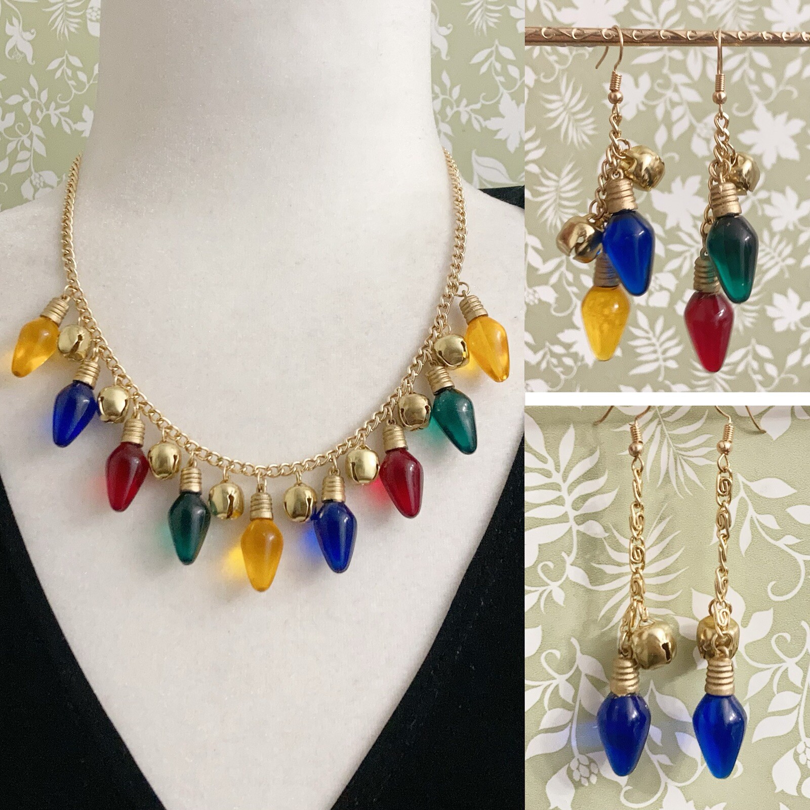 Handmade Christmas Theme Light Jingle Bell Necklace Earrings Set Funky Fun