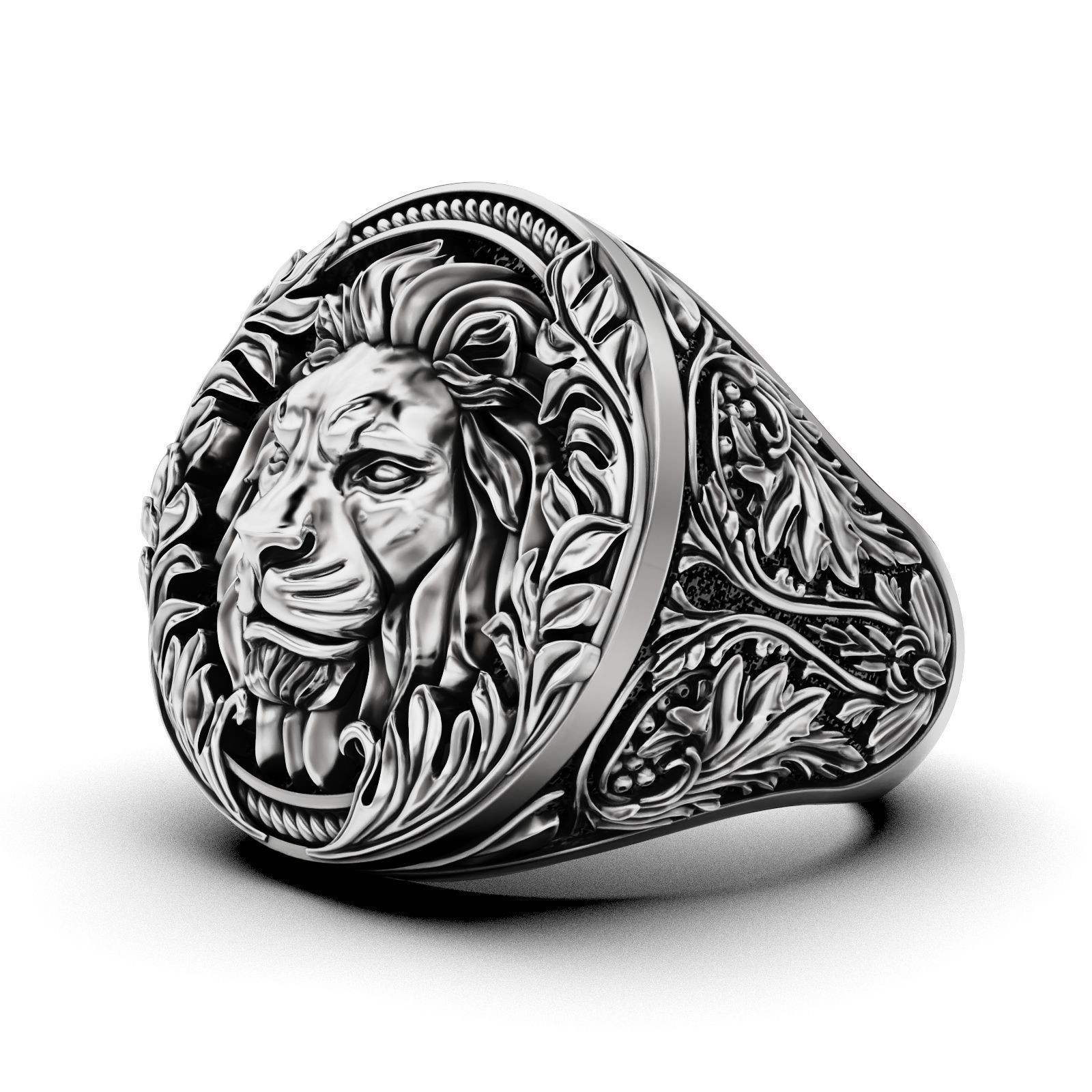 Oxidized Men’s Baroque Pattern Royal Lion Gothic Punk 925 Silver Statement Rings