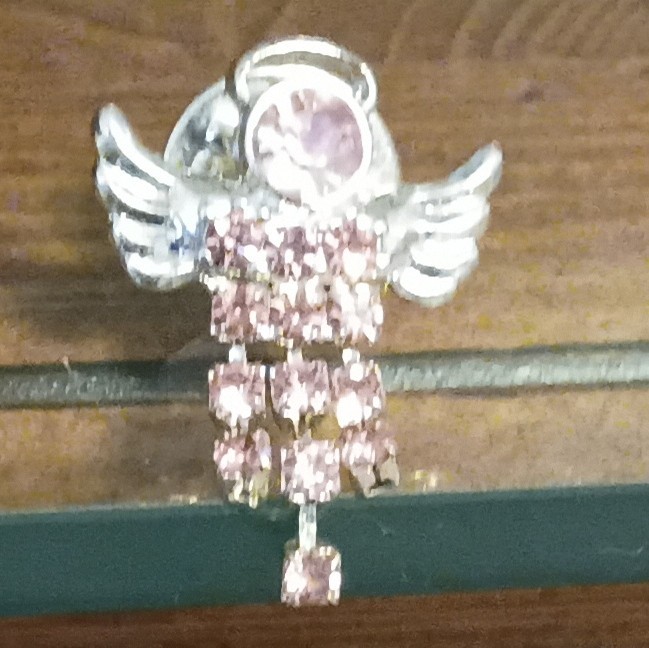 Silver Tone Pink Round Rhinestone Angel Pin Brooch Metal Costume Jewelry