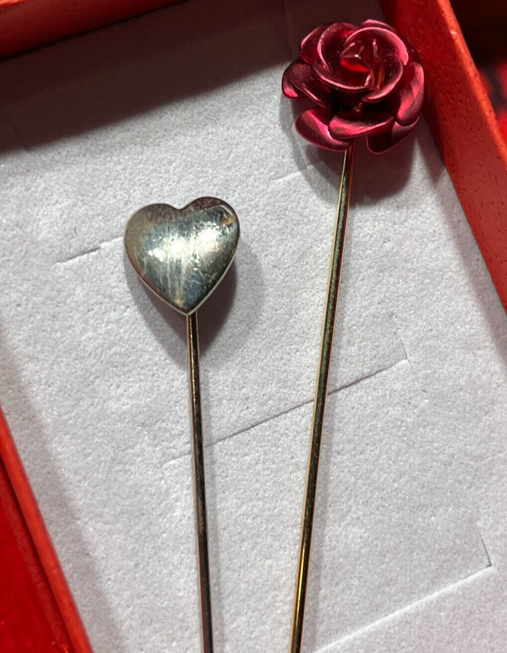 Vintage Two Metal Straight Pins Red Rose 1/2″ & Heart 3/4″ Diameter 1960’s