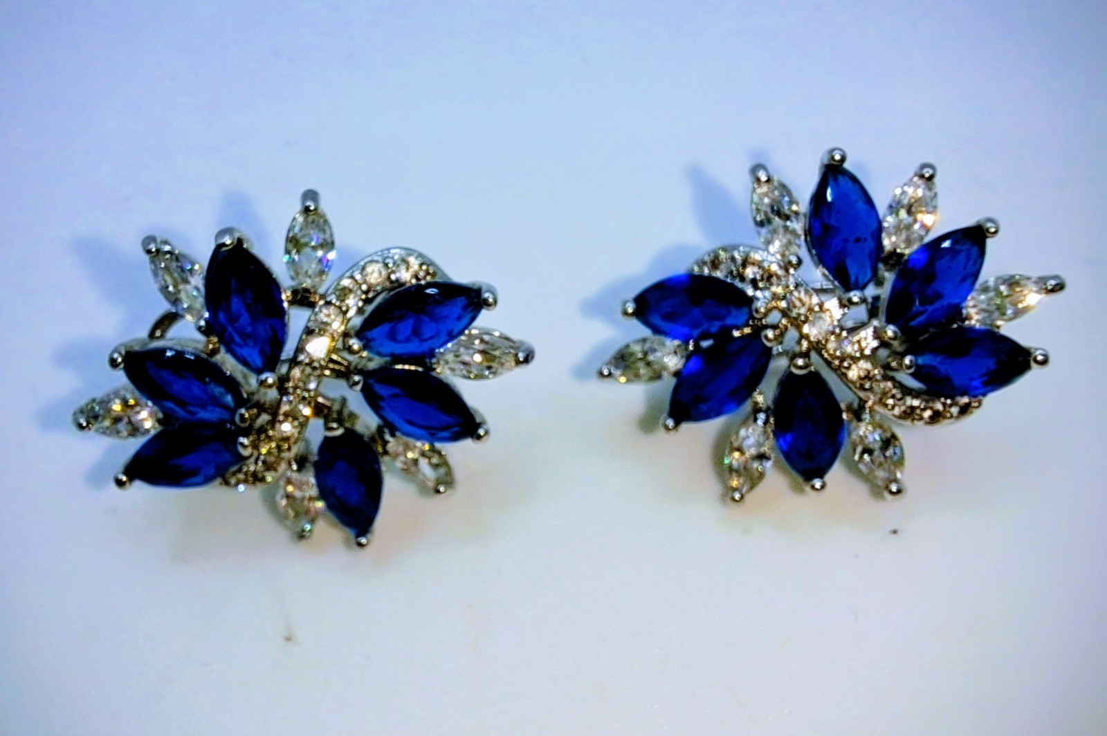 Womens Flower Blue Clear Stone Stud Pierced Earrings Silver Tone