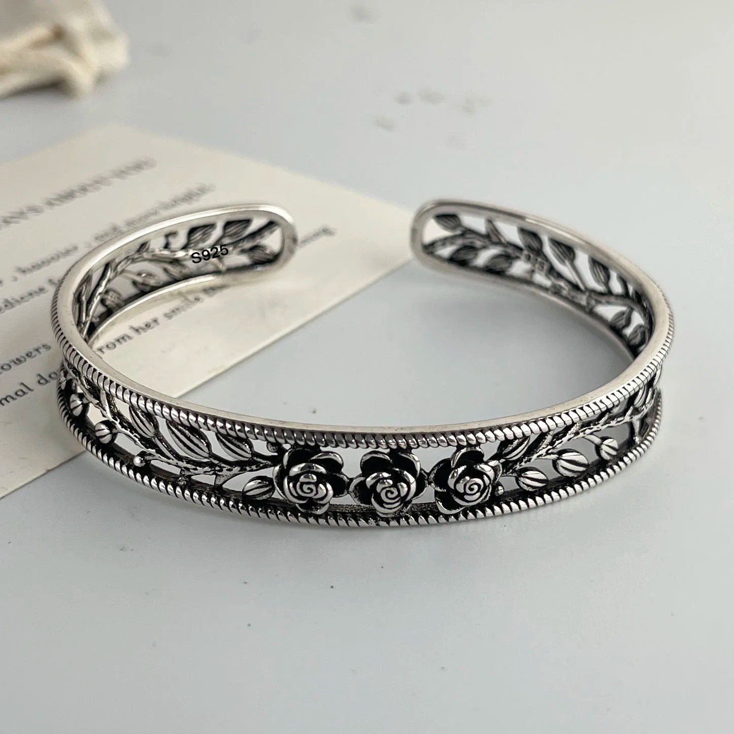 Women Cuff Bangle Vintage Flower Retro Rose Set Sterling Silver Jewelle Bracelet