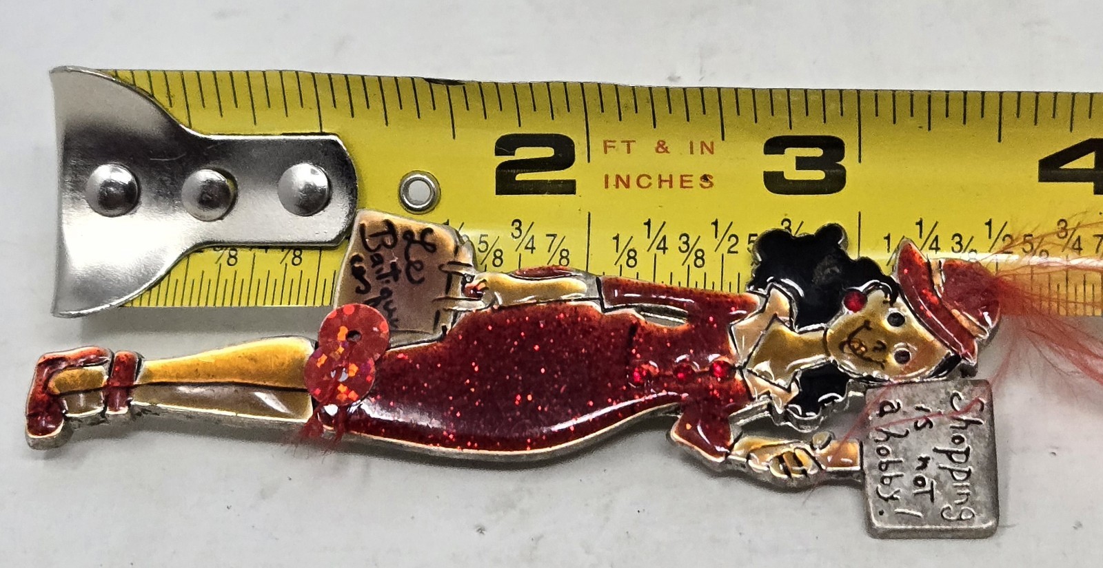 VTG Signed AJMC enameled Lady figural brooch Red feather shopping is not a hobby