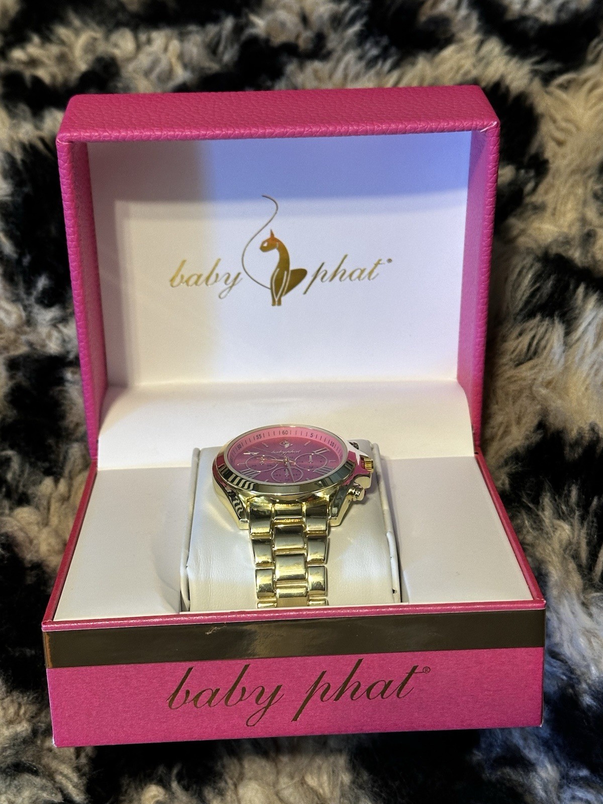 Baby Phat Quartz Chronograph Pink Dial Gold-Tone Metal Bracelet Watch w/ Box