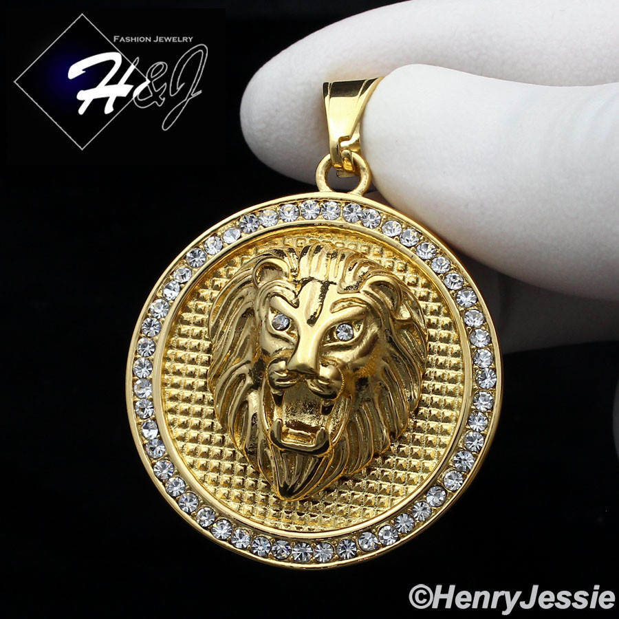 MEN’s Stainless Steel Icy Bling CZ Gold Plated 3D Lion Face Round Pendant*GP109