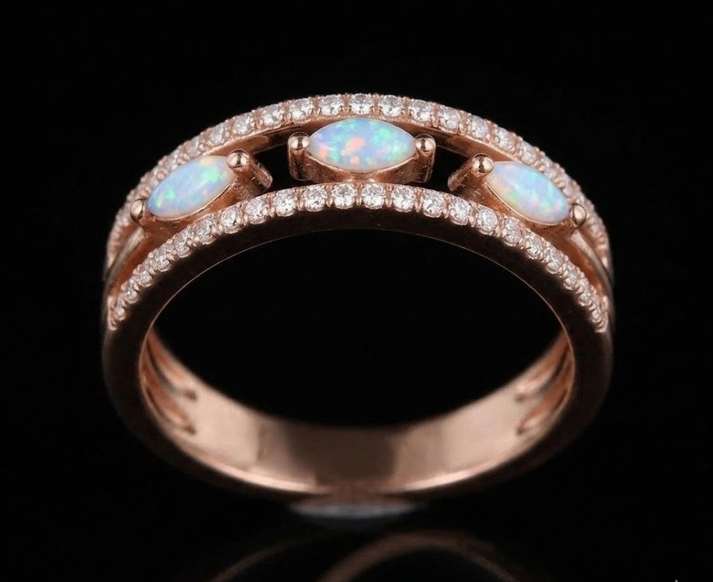 Marquise Cut Opal Stackable Ring, Rose Gold Plated Sterling Silver, Minimalist W