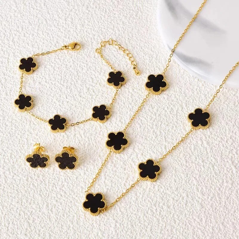 4PC Clover Necklace, Bracelet, Earring set white leaf Plant Five Leaf Flower Set