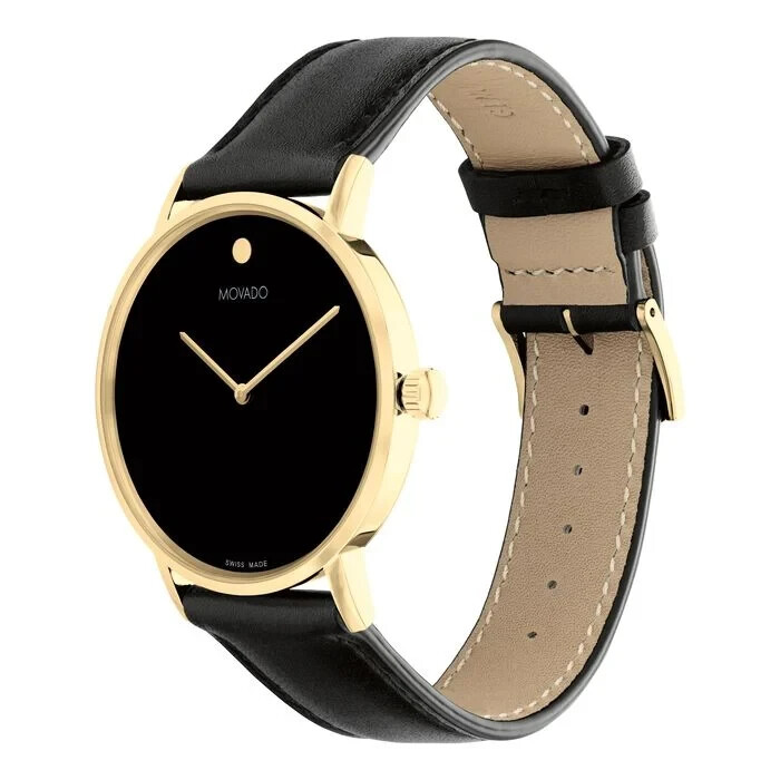 MOVADO SIGNATURE 0607591 GOLD BLACK LEATHER STRAP STAINLESS CASE 40mm WATCH