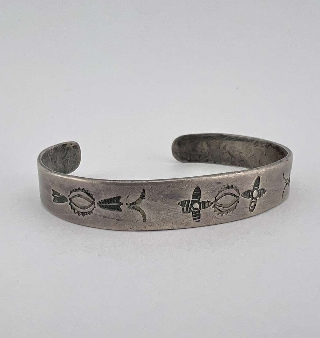 OLD Pawn 1930’s Fred Harvey Navajo Coin Silver Hand Stamped Cuff Bracelet