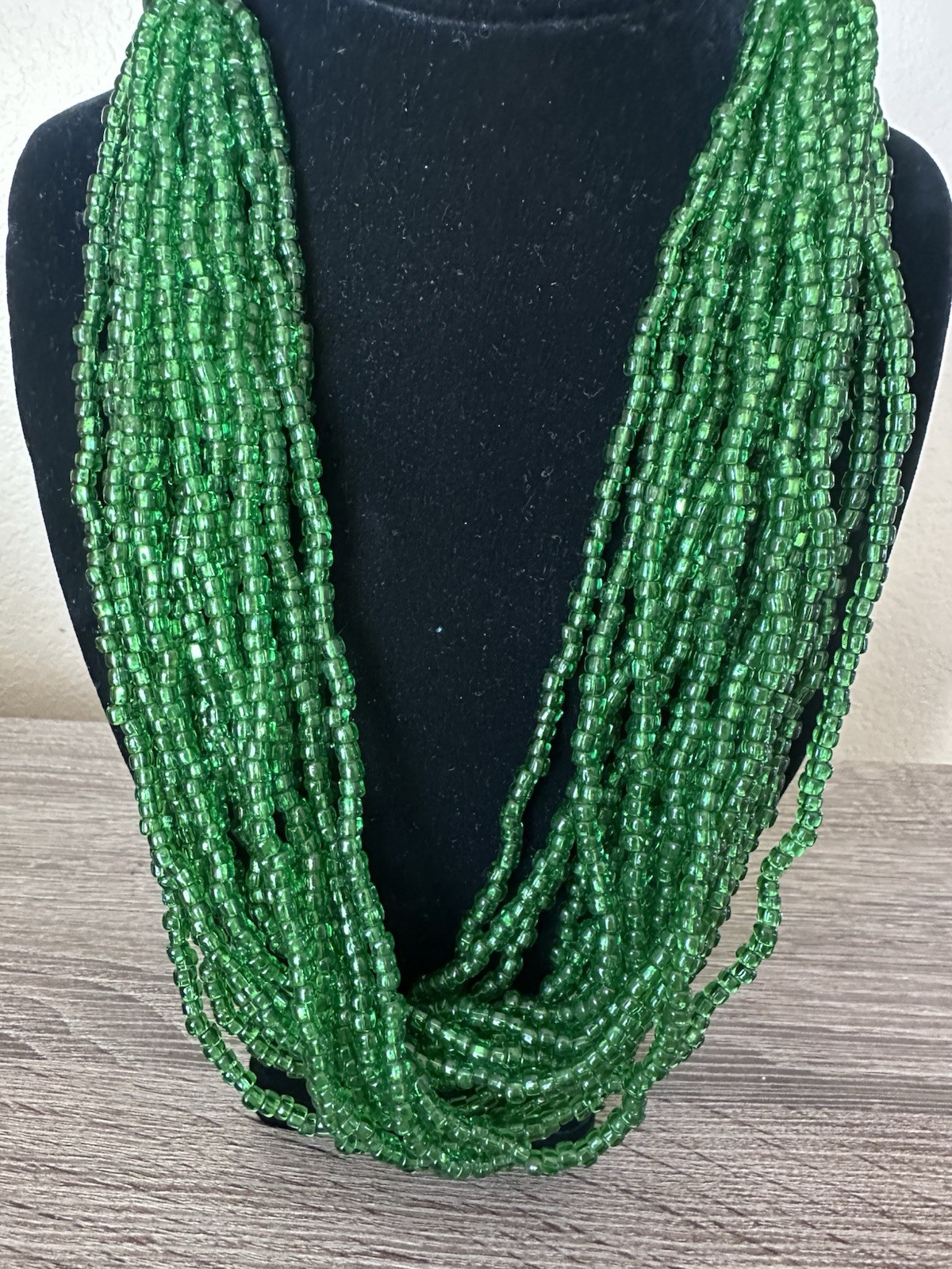 Vintage Southwestern Multi Strand Green Glass Seed Bead Necklace Silver Tone