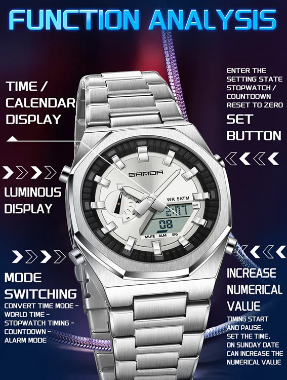 Men’s Multiple Functions Hexagonal Watch Dual Display Quartz +Electronic 5Atm