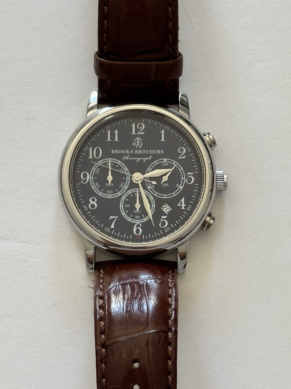 Brooks Brothers Men’s Navy Blue Bezel Watch with Brown Leather Strap and Case