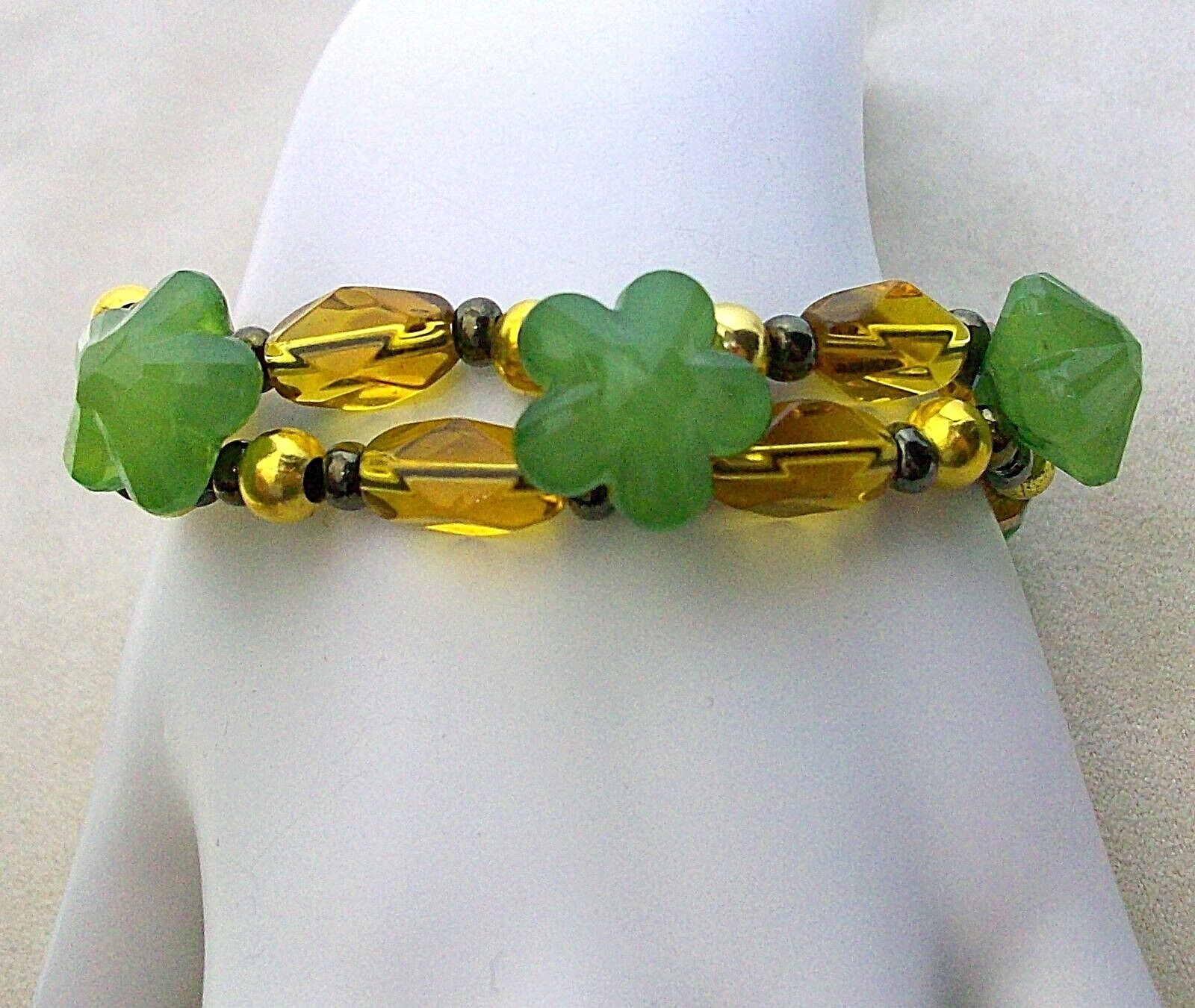 NEW GREEN GOLD BROWN FLOWERS BEADS BRACELET LENGTH 7.5 – 9.5 INCHES