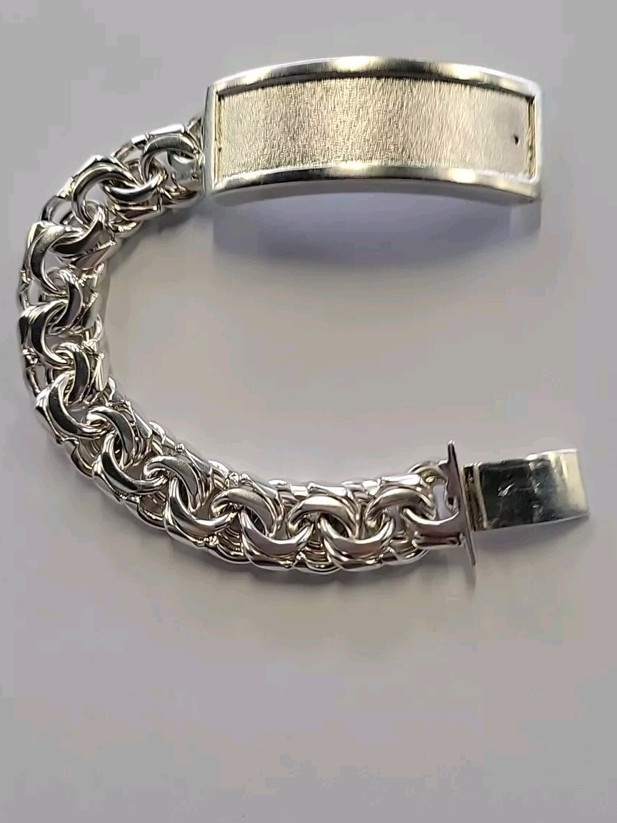 925 Sterling Silver Chino Link ID Bracelet Plain Frame 114g 8inch 15mm Hand Made