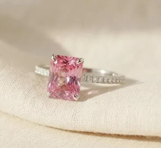 Radiant Cut CZ Pink Sapphire Solitaire with Accent 925 Silver Engagement Ring